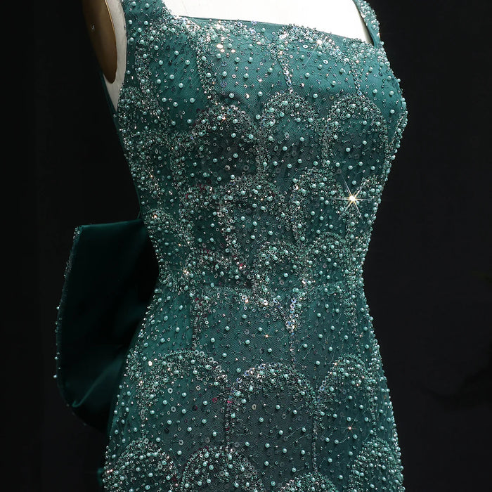 Elegant Emerald Green Beaded Gown with Bow Train Evening Dress SS648-DreamyVow