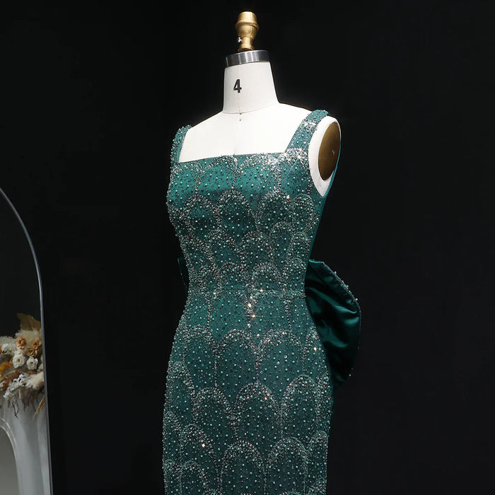 Elegant Emerald Green Beaded Gown with Bow Train Evening Dress SS648-DreamyVow