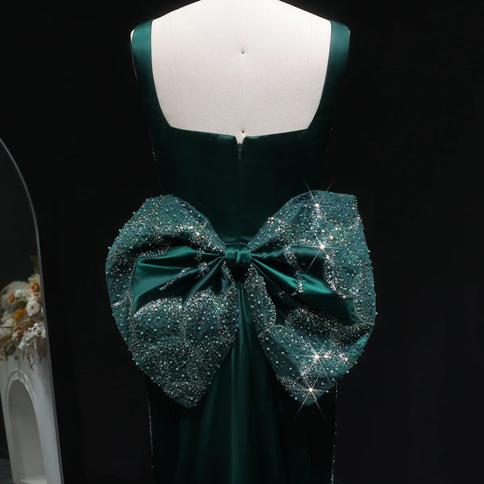 Elegant Emerald Green Beaded Gown with Bow Train Evening Dress SS648-DreamyVow