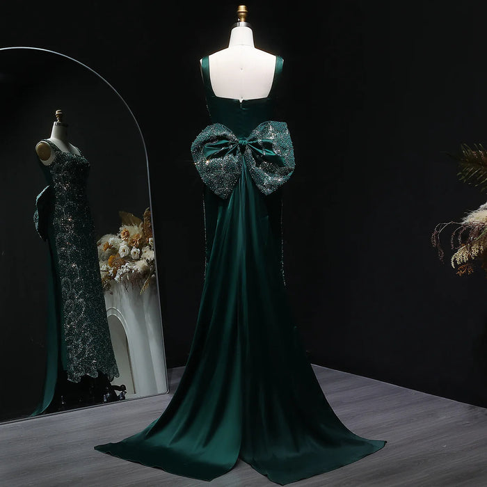 Elegant Emerald Green Beaded Gown with Bow Train Evening Dress SS648-DreamyVow