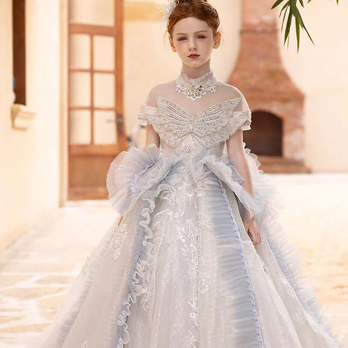 Elegant Flower Girl Dress with Floral Appliques for Birthday Pageant J031