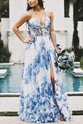 Elegant Halter A-Line Print V-Neck Pearls Prom Dress with Slit