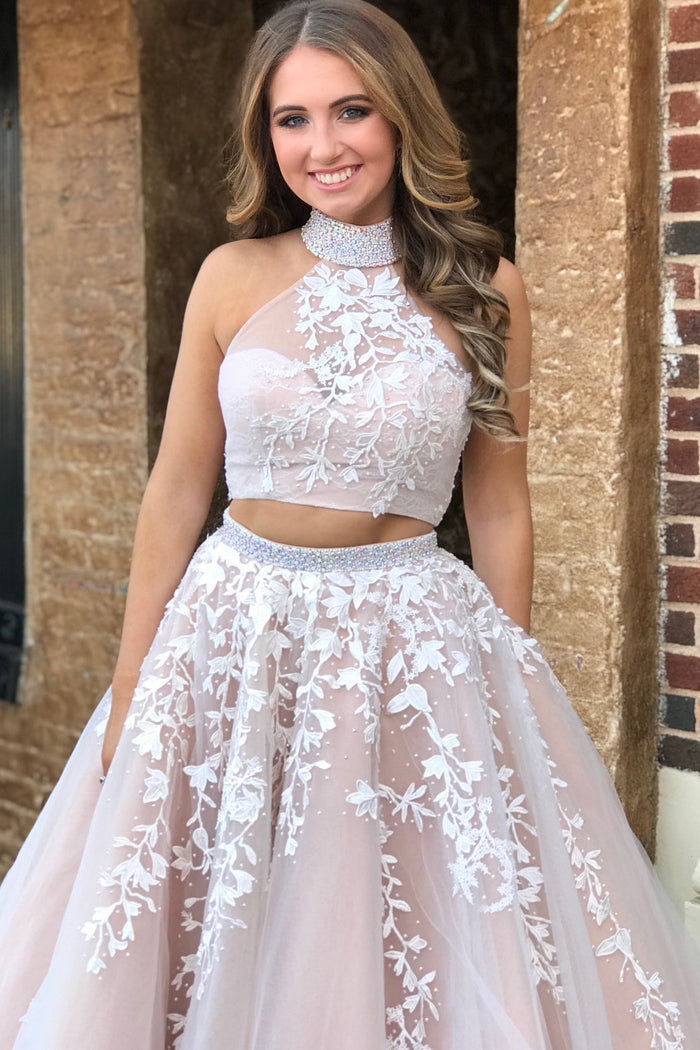 Elegant High Neck Two Piece Red Long Prom Dress