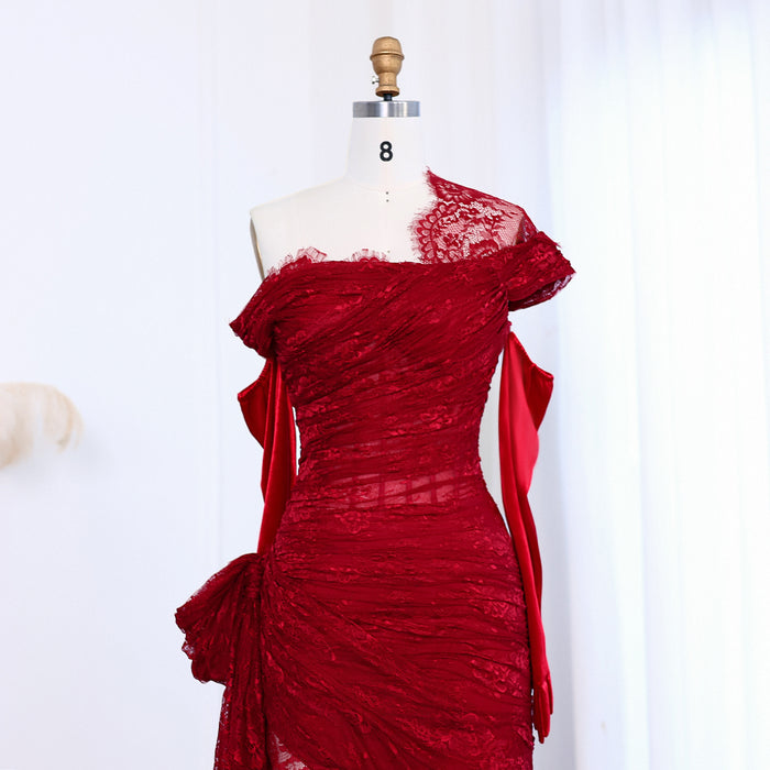 Elegant Lace Black Evening Dress with Gloves SF017