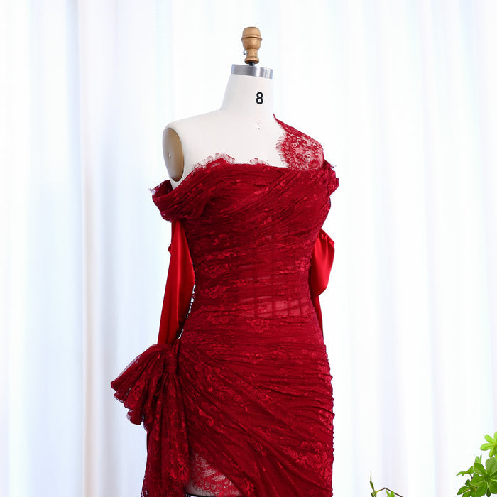 Elegant Lace Black Evening Dress with Gloves SF017