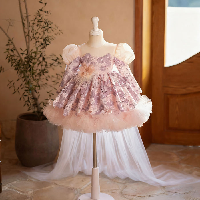 Elegant Lilac Knee Length Girl Dress with Long Sleeves J722