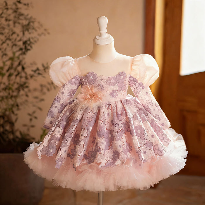 Elegant Lilac Knee Length Girl Dress with Long Sleeves J722