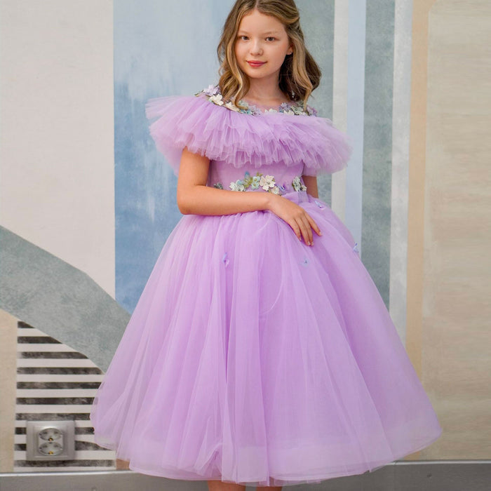 Elegant Lilac Tulle Girl Bridesmaides Dress Princess Arab J172