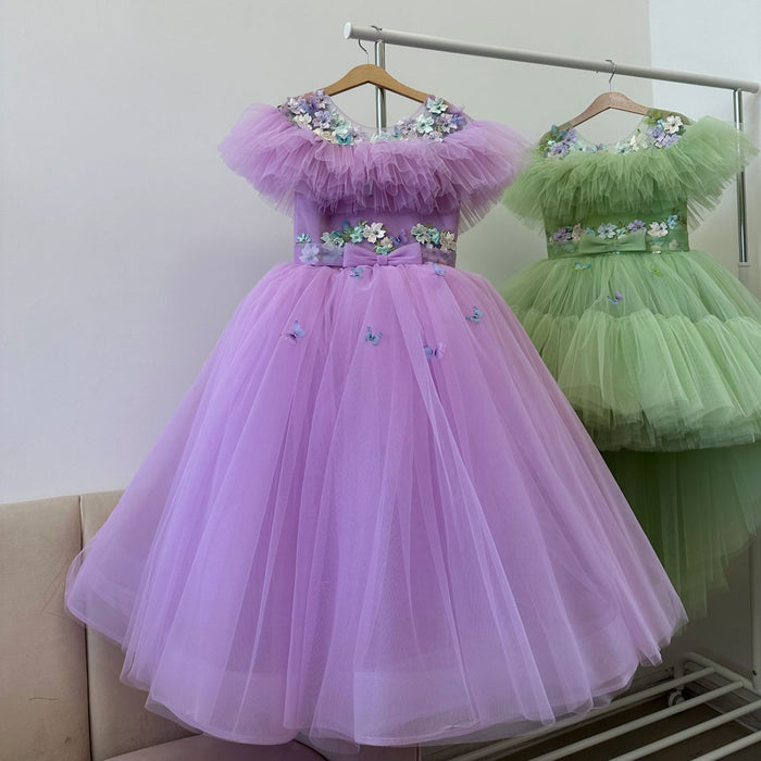Elegant Lilac Tulle Girl Bridesmaides Dress Princess Arab J172