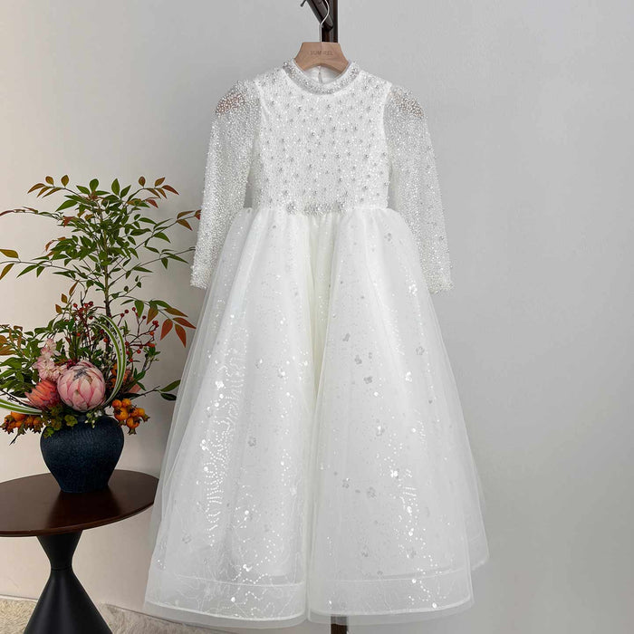 Elegant Long Princess Girl Dress with Flowers for Birthday Party D176