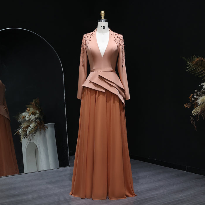 Elegant Long Sleeve Brown Beaded Evening Dress SS216