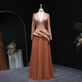 Elegant Long Sleeve Brown Beaded Evening Dress SS216