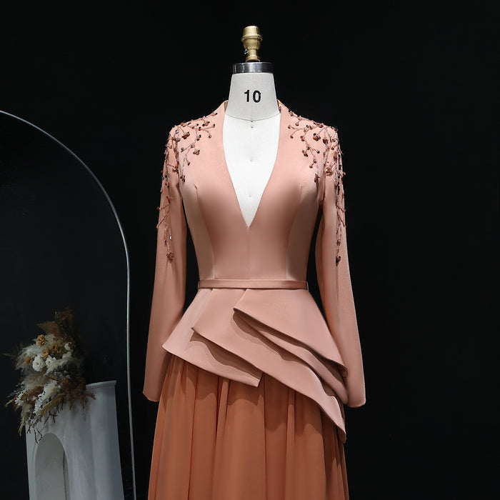Elegant Long Sleeve Brown Beaded Evening Dress SS216