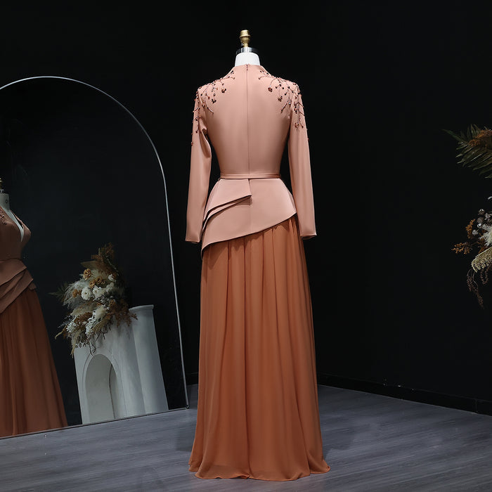 Elegant Long Sleeve Brown Beaded Evening Dress SS216