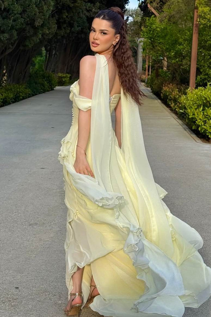 Elegant Off-Shoulder A-Line Empire-Waist Ruffles Long Prom Dress
