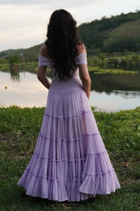 Elegant Off-Shoulder A-Line Empire-Waist Tulle Ruffles Prom Dress
