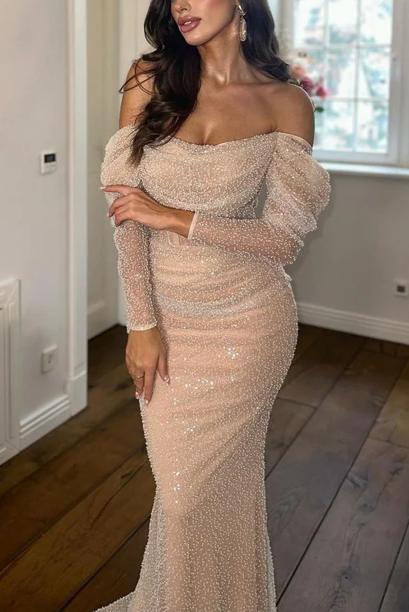 Elegant Off-Shoulder Long Sleeves Glitter Mermaid Prom Evening Dress