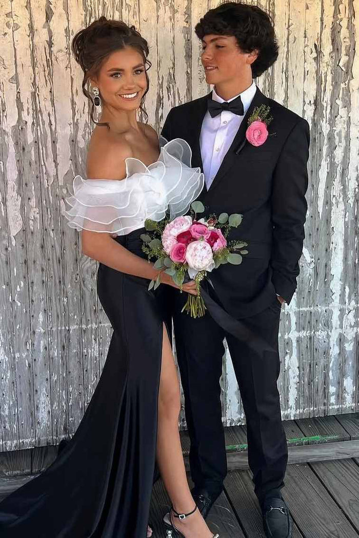 Elegant Off-Shoulder Mermaid Ruffles Formal Prom Dress with Slit