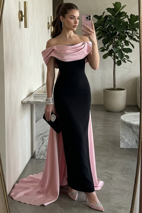 Elegant Off-Shoulder Pleats Satin Long Party Prom Dress with Train