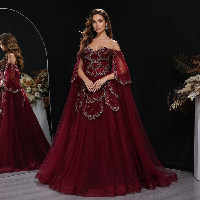 Elegant Off Shoulder Sage Green Evening Dress with Cape Sleeves SS215