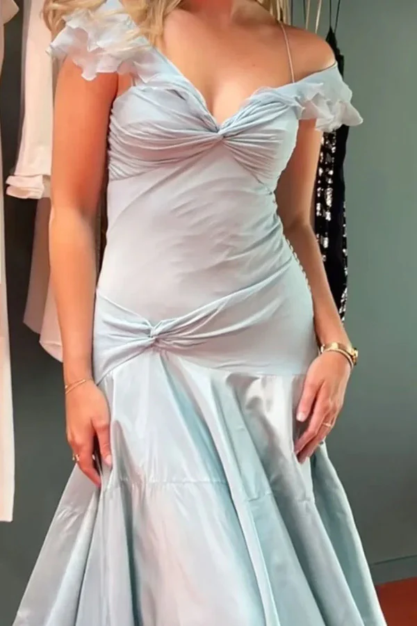 Elegant Off-Shoulder V-Neck Satin Pleated Prom Evening Dress with Train