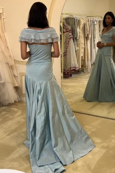 Elegant Off-Shoulder V-Neck Satin Pleated Prom Evening Dress with Train