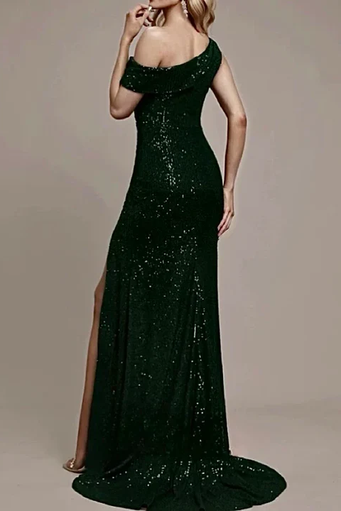 Elegant One Shoulder Sequined Pleats Mermaid Prom Dress with Slit
