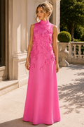 Elegant Pink 3D Appliques A-Line High Neck Prom Formal Evening Dress