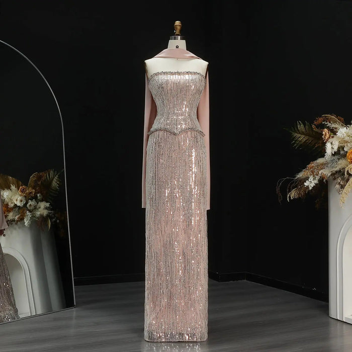 Elegant Pink Beaded Prom Dress 2 Pieces with Long Scarf SS661-DreamyVow
