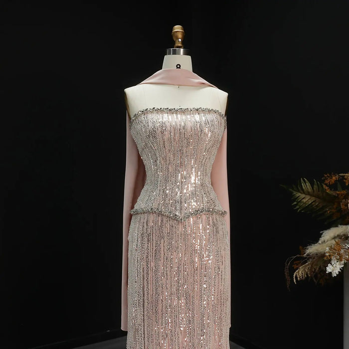 Elegant Pink Beaded Prom Dress 2 Pieces with Long Scarf SS661-DreamyVow