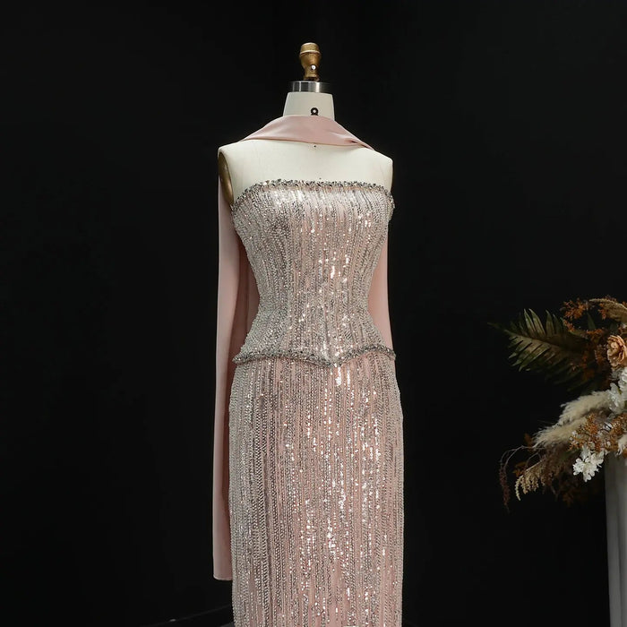 Elegant Pink Beaded Prom Dress 2 Pieces with Long Scarf SS661-DreamyVow