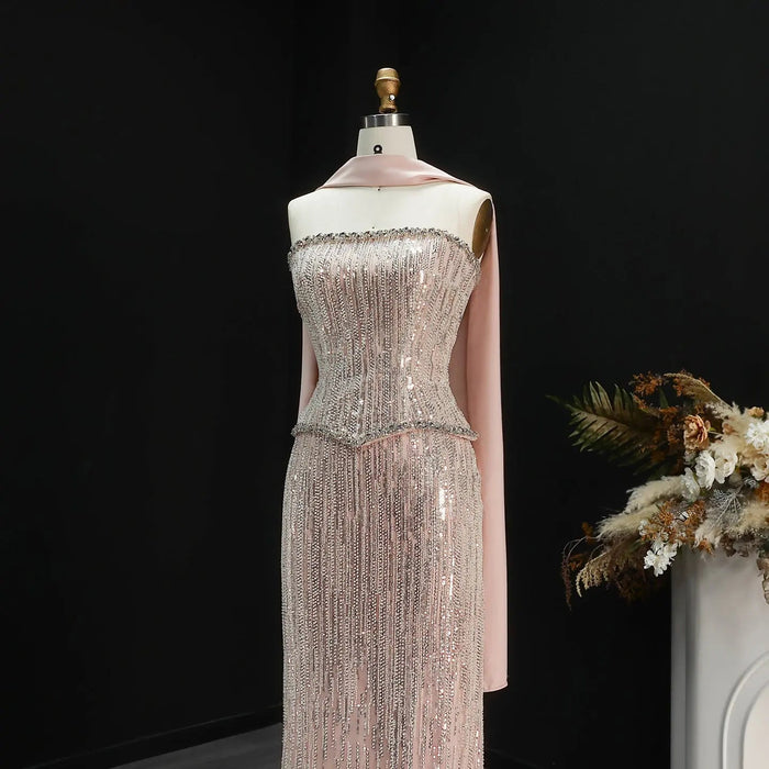 Elegant Pink Beaded Prom Dress 2 Pieces with Long Scarf SS661-DreamyVow