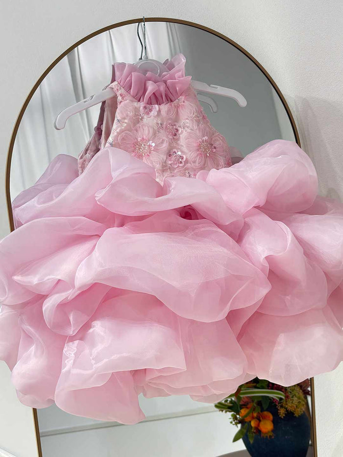 Elegant Pink Floral Princess Girl Dress for Birthday and Pageant J595