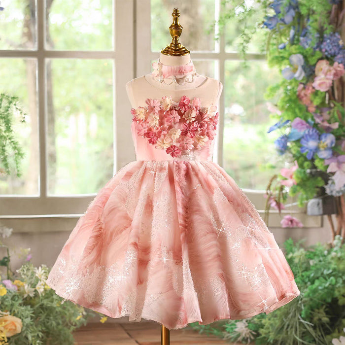 Elegant Pink Floral Tea Length Princess Pageant Birthday Dress J849