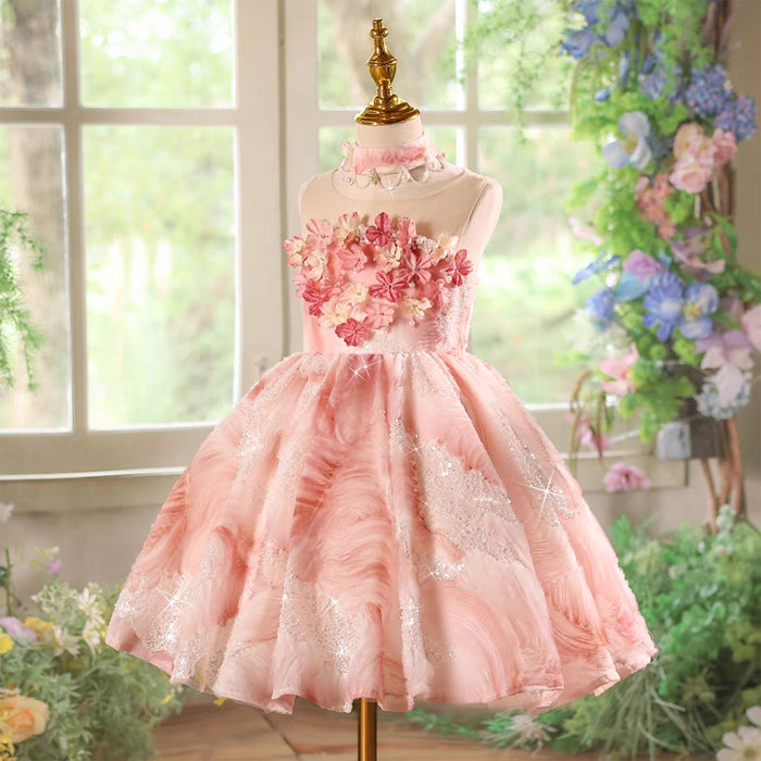 Elegant Pink Floral Tea Length Princess Pageant Birthday Dress J849