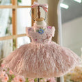 Elegant Pink Lace Feathers Girl Dress Knee Length with Bow J164