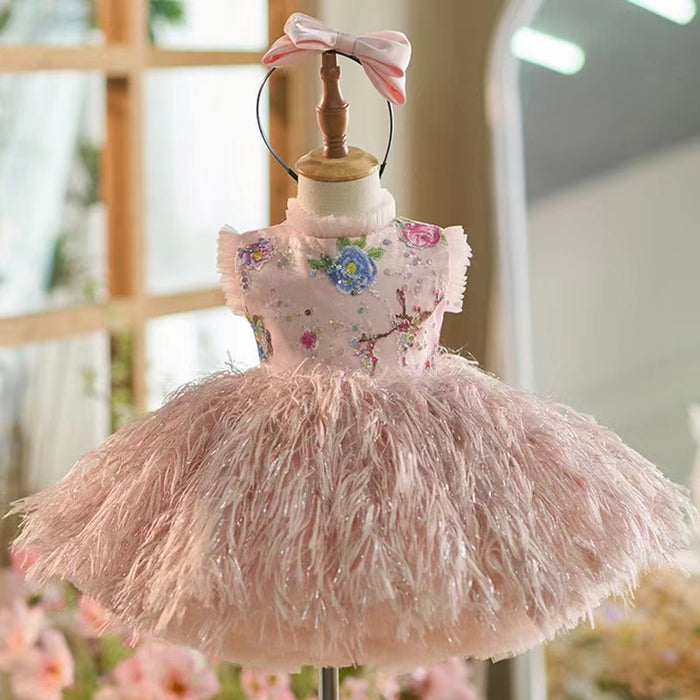 Elegant Pink Lace Feathers Girl Dress Knee Length with Bow J164