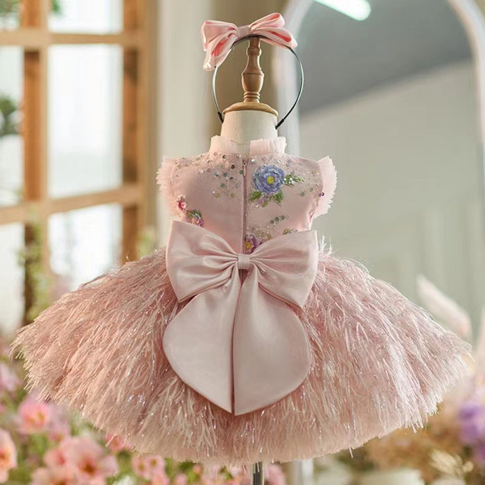 Elegant Pink Lace Feathers Girl Dress Knee Length with Bow J164
