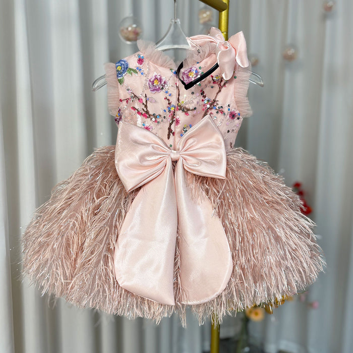 Elegant Pink Lace Feathers Girl Dress Knee Length with Bow J164