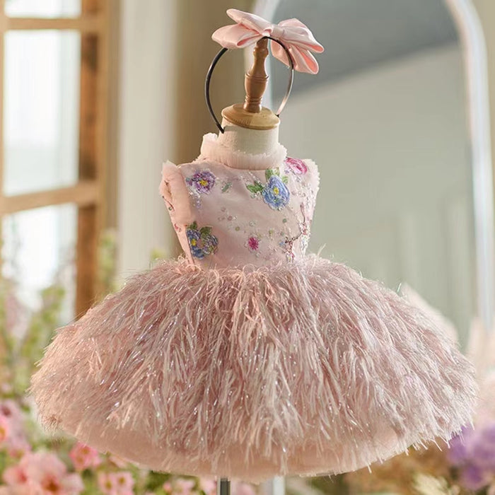 Elegant Pink Lace Feathers Girl Dress Knee Length with Bow J164
