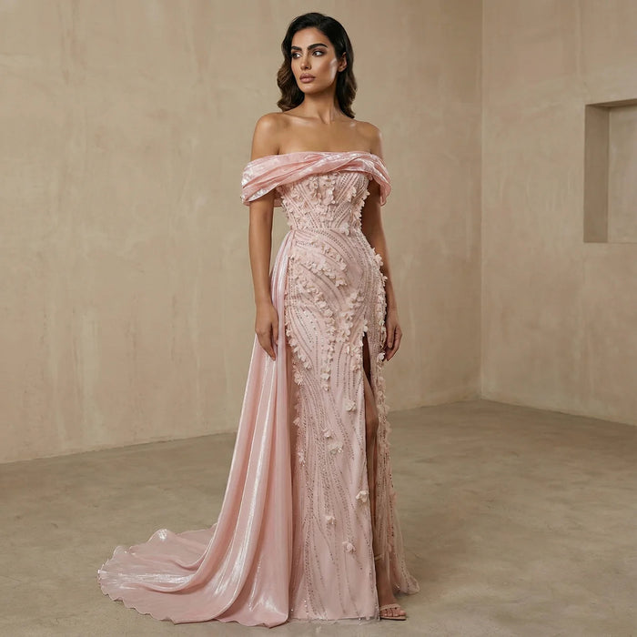 Elegant Pink Sequin 3D Floral Off Shoulder Evening Dress SS604-DreamyVow