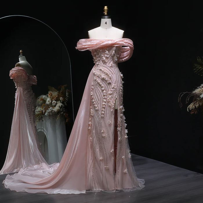 Elegant Pink Sequin 3D Floral Off Shoulder Evening Dress SS604-DreamyVow