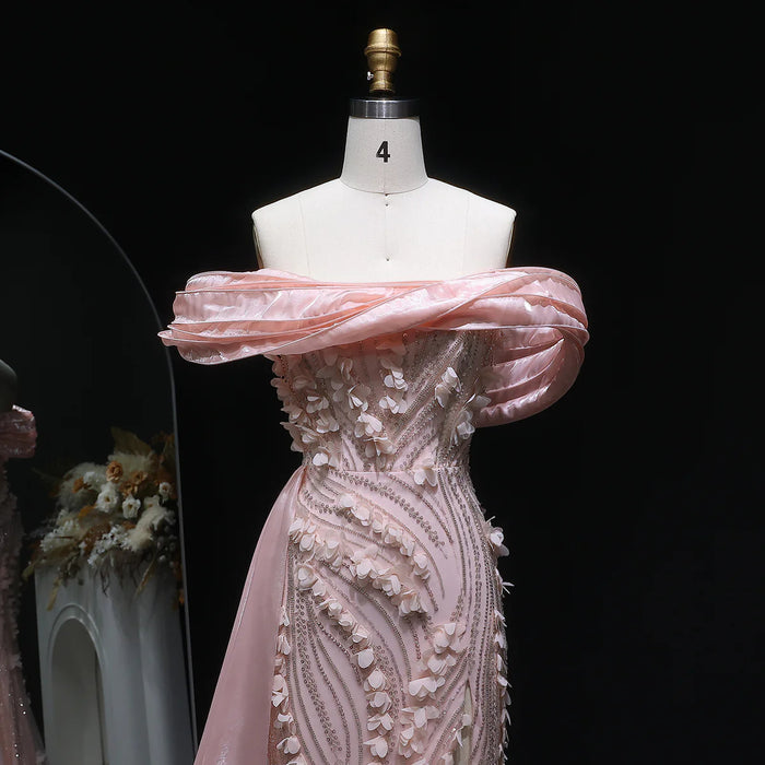 Elegant Pink Sequin 3D Floral Off Shoulder Evening Dress SS604-DreamyVow