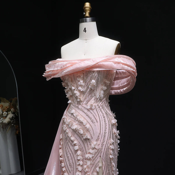 Elegant Pink Sequin 3D Floral Off Shoulder Evening Dress SS604-DreamyVow