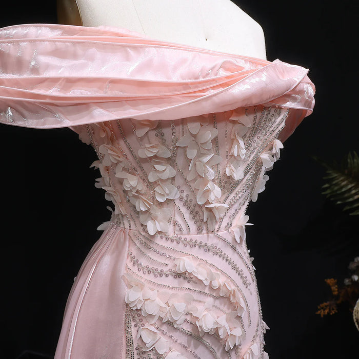 Elegant Pink Sequin 3D Floral Off Shoulder Evening Dress SS604-DreamyVow