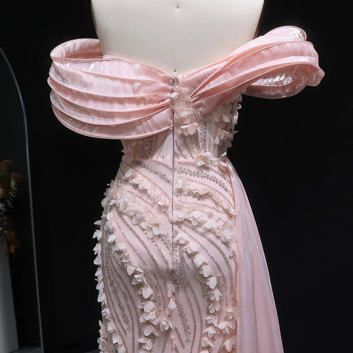 Elegant Pink Sequin 3D Floral Off Shoulder Evening Dress SS604-DreamyVow