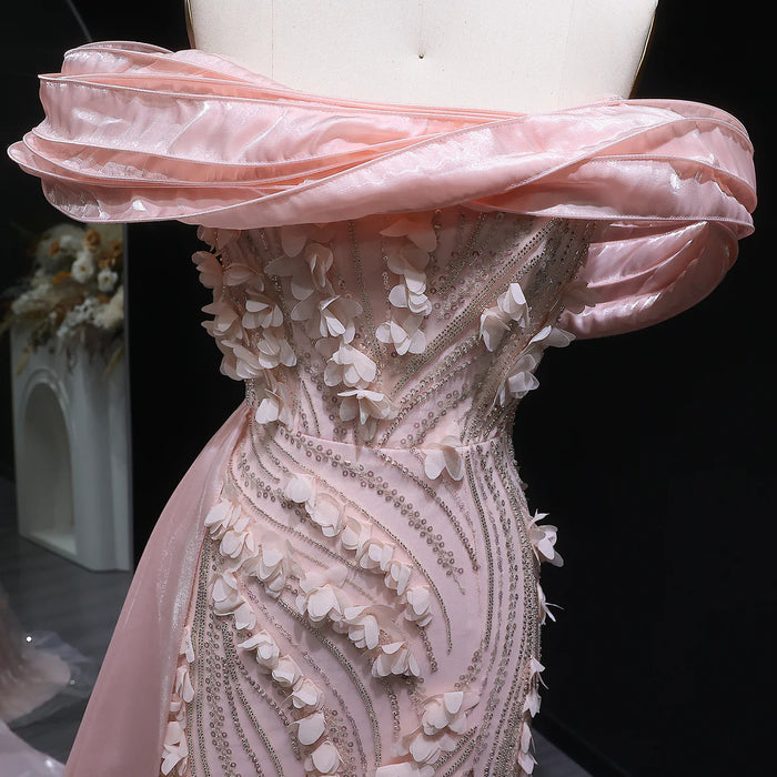 Elegant Pink Sequin 3D Floral Off Shoulder Evening Dress SS604-DreamyVow