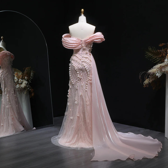Elegant Pink Sequin 3D Floral Off Shoulder Evening Dress SS604-DreamyVow