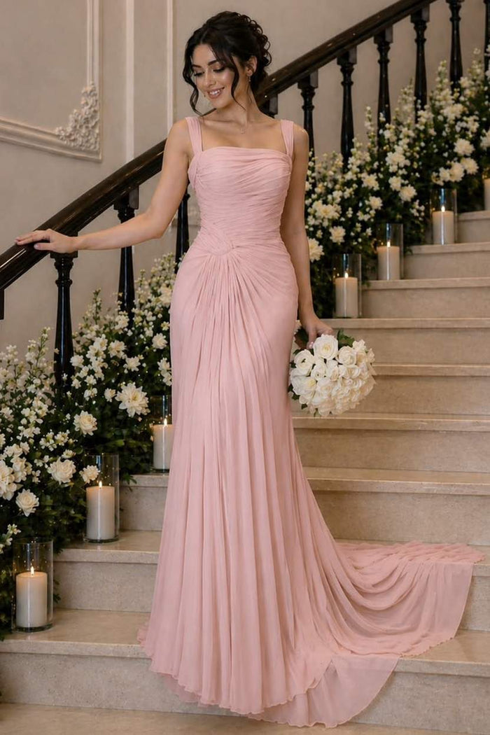 Elegant Pink Straps Pleats Chiffon Long Prom Evening Dress with Train