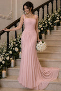 Elegant Pink Straps Pleats Chiffon Long Prom Evening Dress with Train